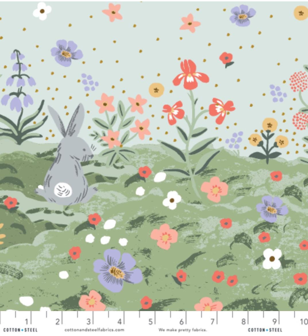 Easter by Rifle Paper co RP1506-GR3M Easter - Spring Meadow - GREEN Metallic Fabric - Bunnies - Cream Fabric