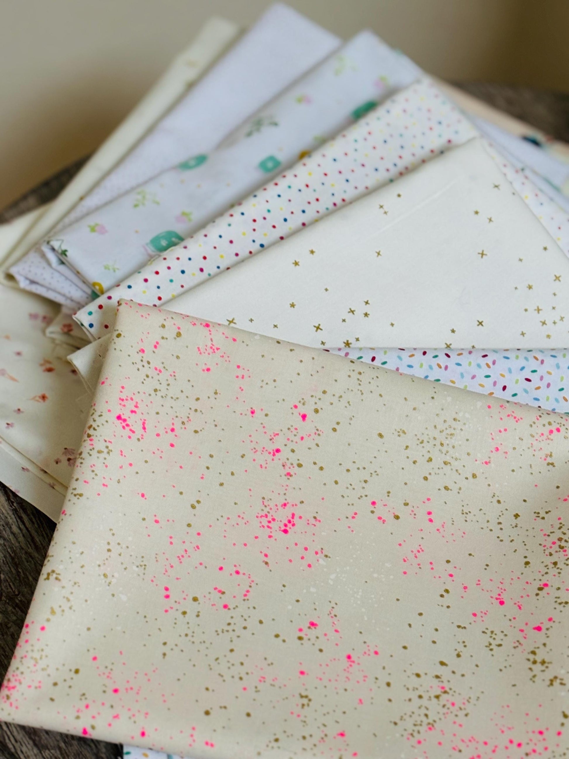 Gentle gatherings 11 fat quarter Low volume polka dots ballerina AGF Starry Poppie cotton hearts RBD Part 2