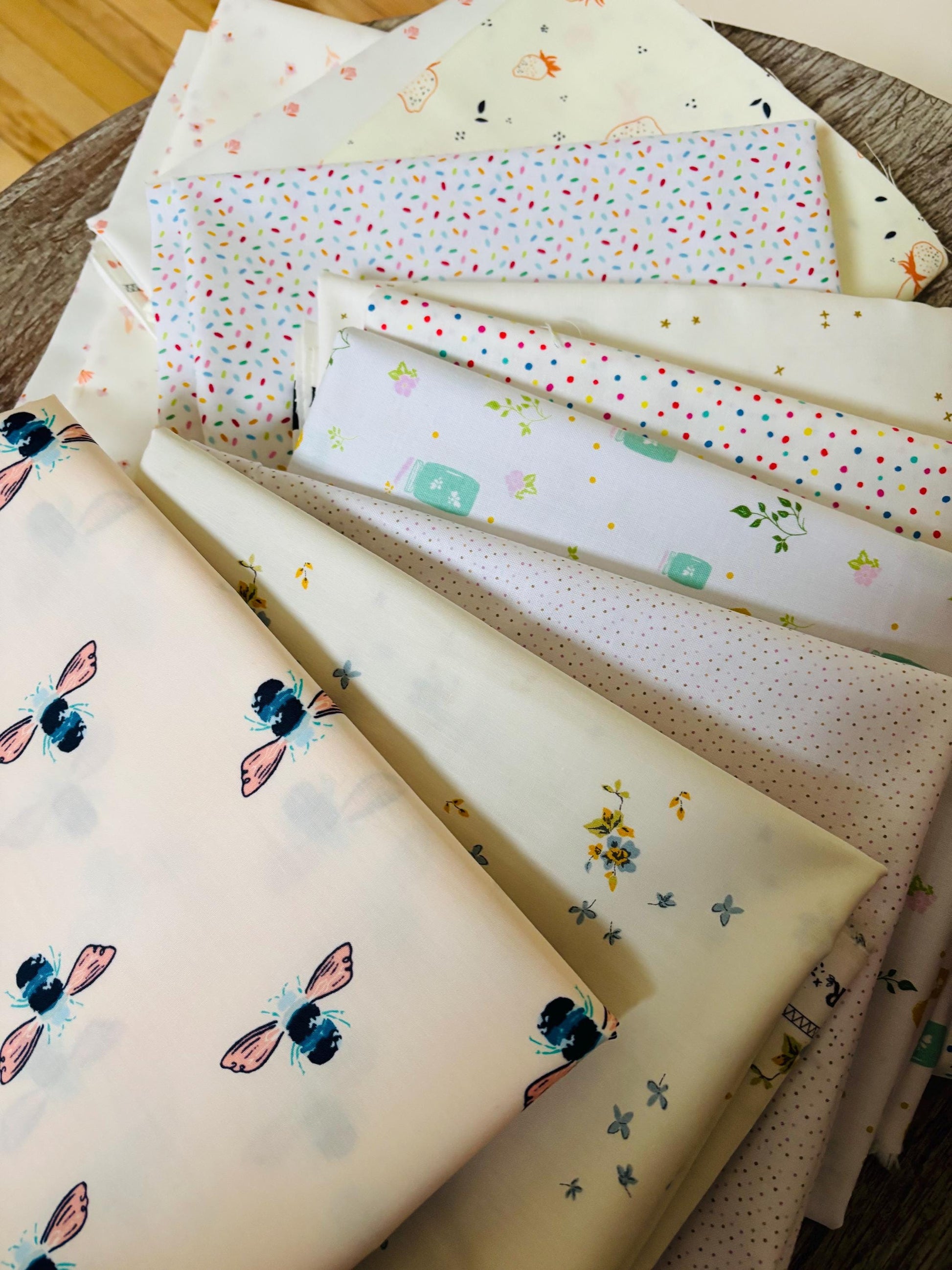 Gentle gatherings 11 fat quarter Low volume polka dots ballerina AGF Starry Poppie cotton hearts RBD Part 2