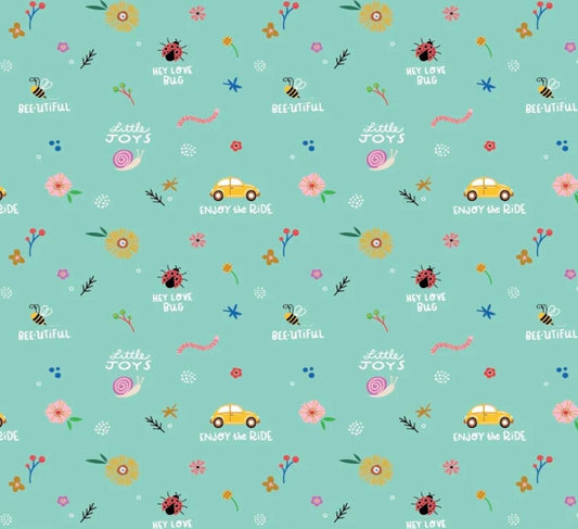 Poppie Cotton little joys teal Hey love bug BG25135 shipping in stock