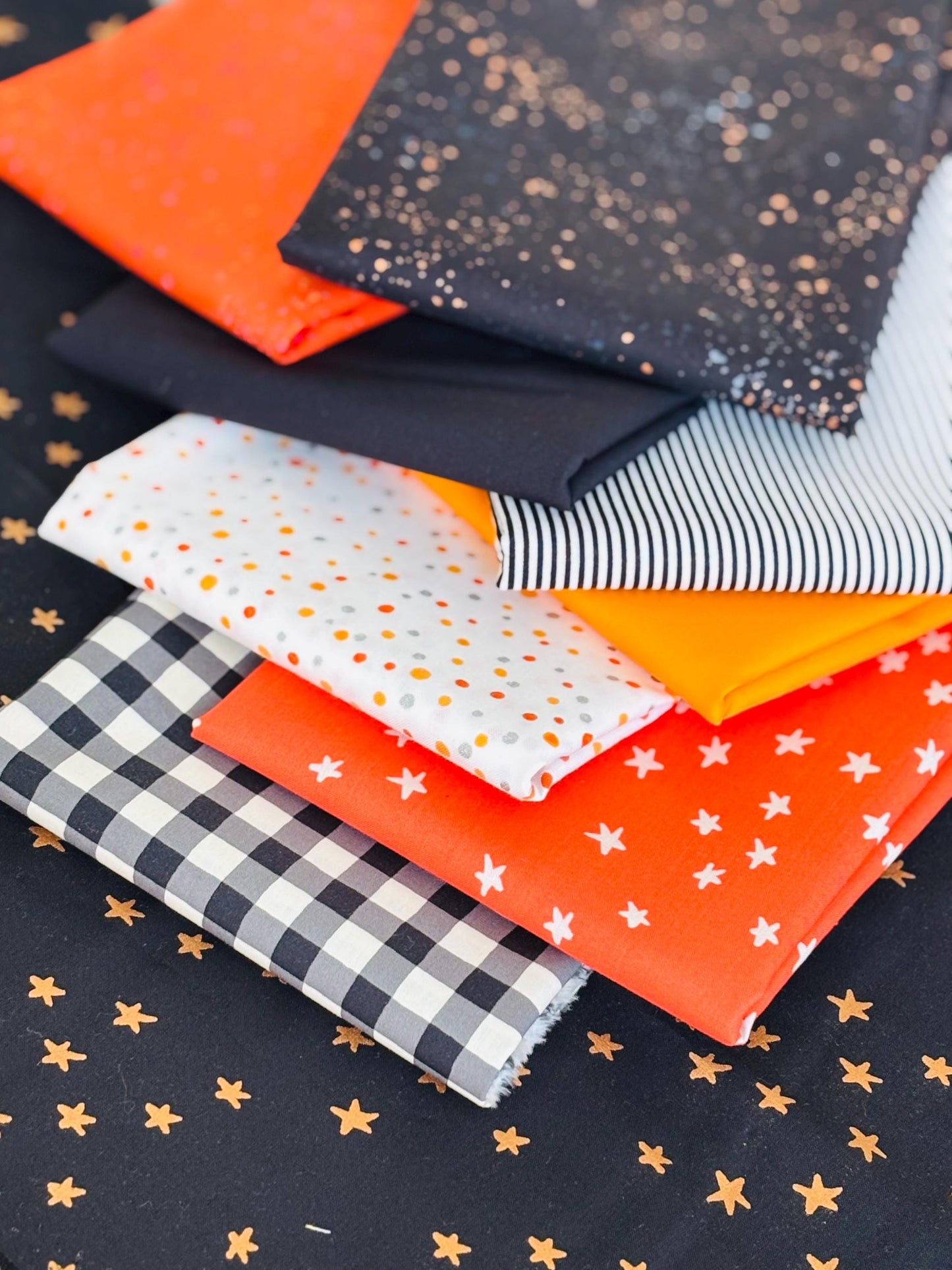 Halloween blenders - 9 fat quarter bundle part 2 - starry - ruby Star - speckled - pure solid - stripe Orange black gold