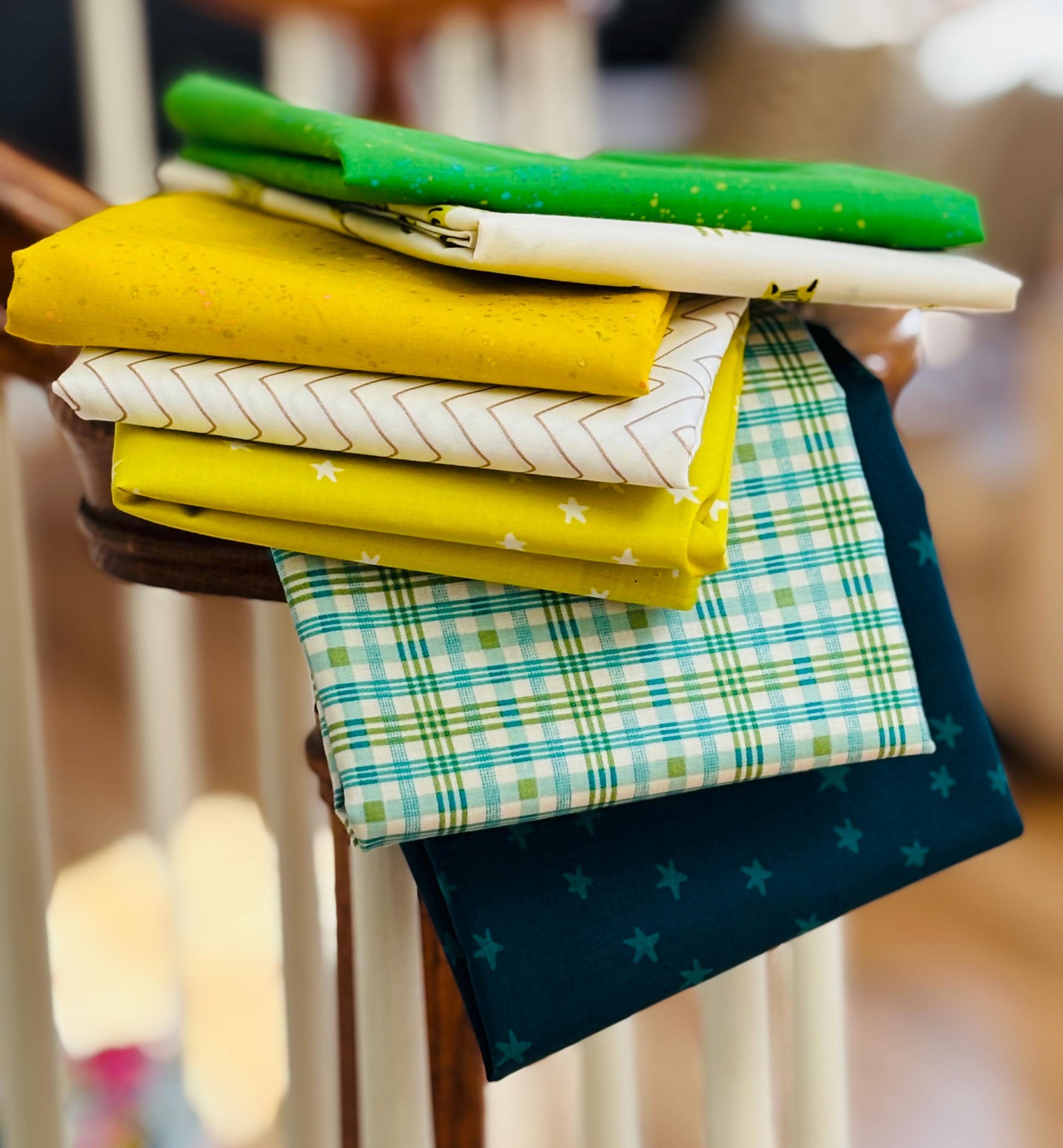 zesty blenders - 7 fat quarter bundle - pistachio lime green blue - starry - ruby Star - speckled - gingham egg and friends