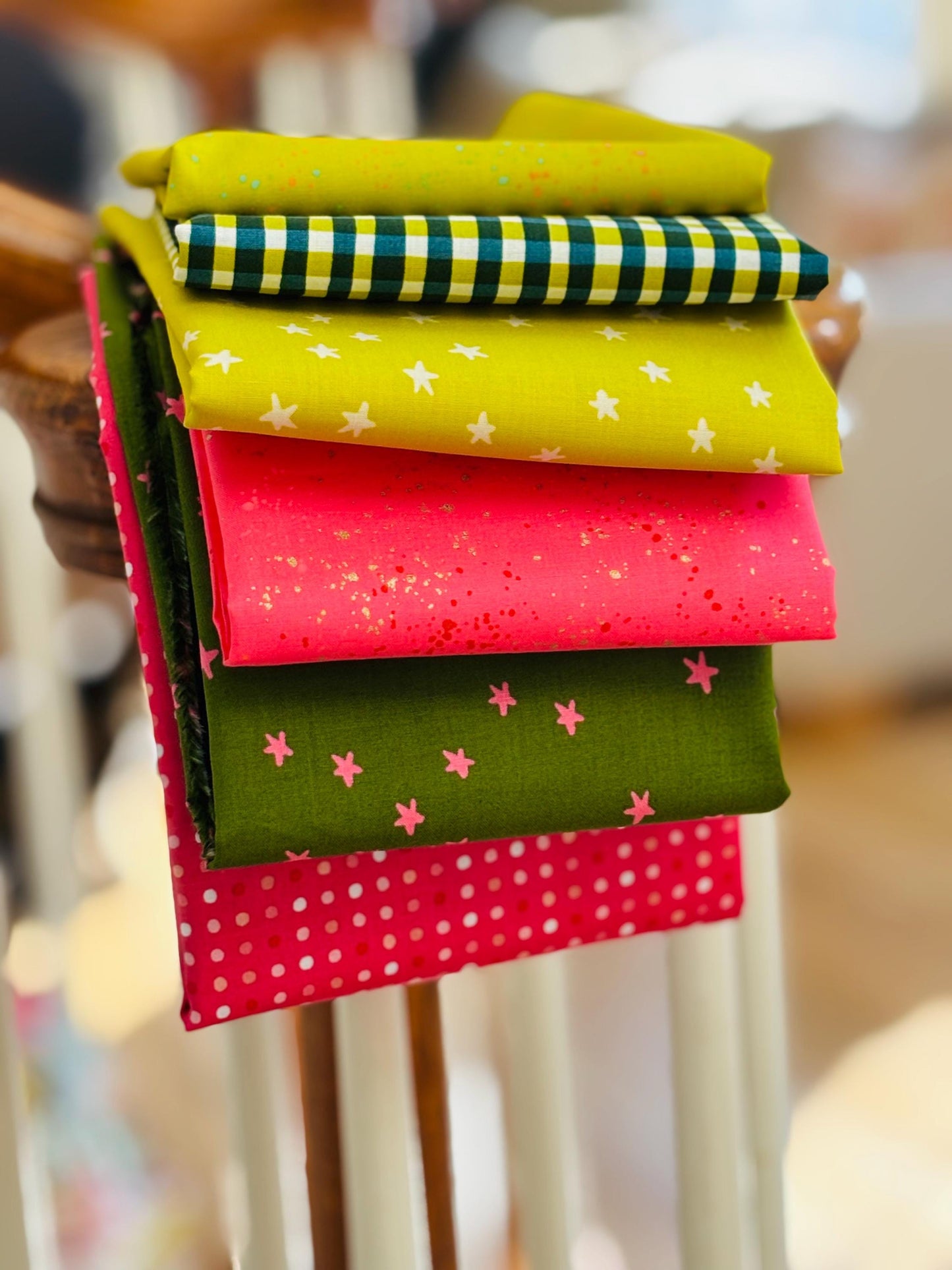 Pink blenders with a lime green twist - 6 fat quarter bundle - mini star - starry - ruby Star - speckled - gingham egg and friends