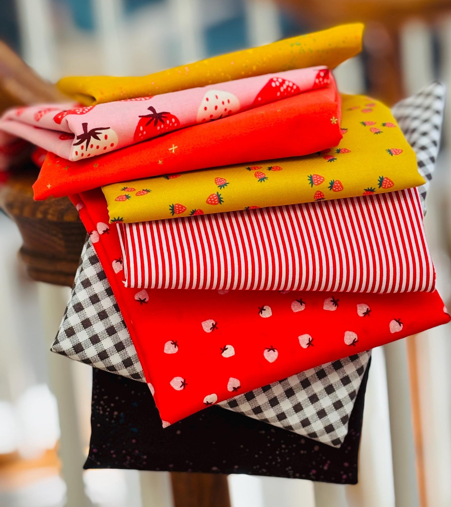 Mini strawberries with a hint of turmeric - 8 fat quarter bundle - gingham - starry - ruby Star - speckled - gold
