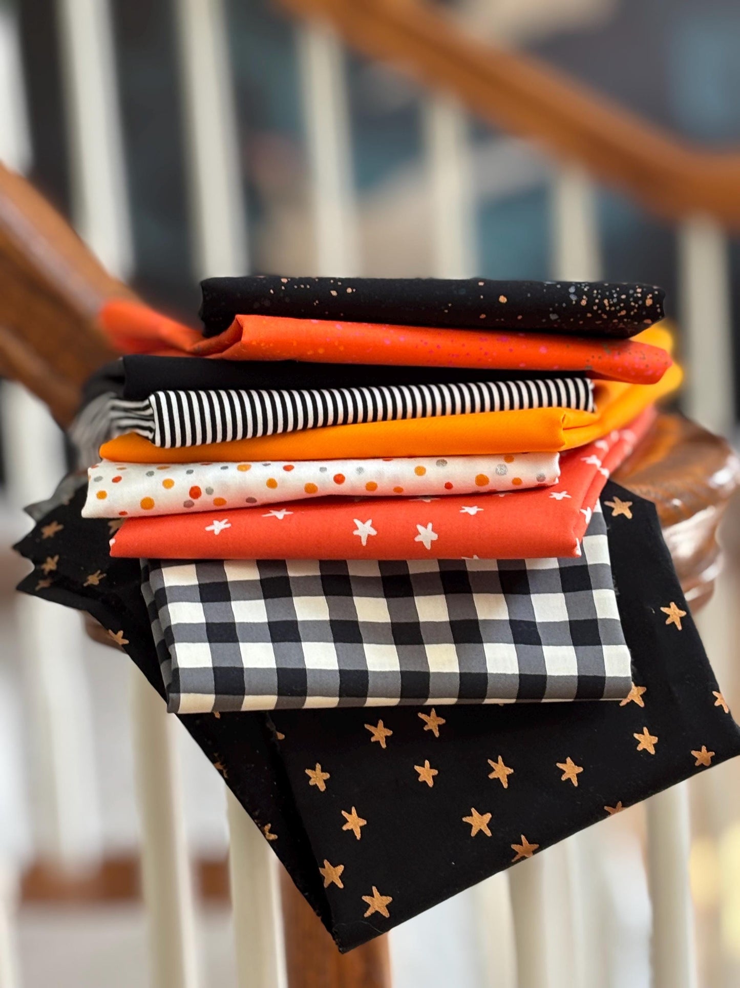 Halloween blenders - 9 fat quarter bundle part 2 - starry - ruby Star - speckled - pure solid - stripe Orange black gold