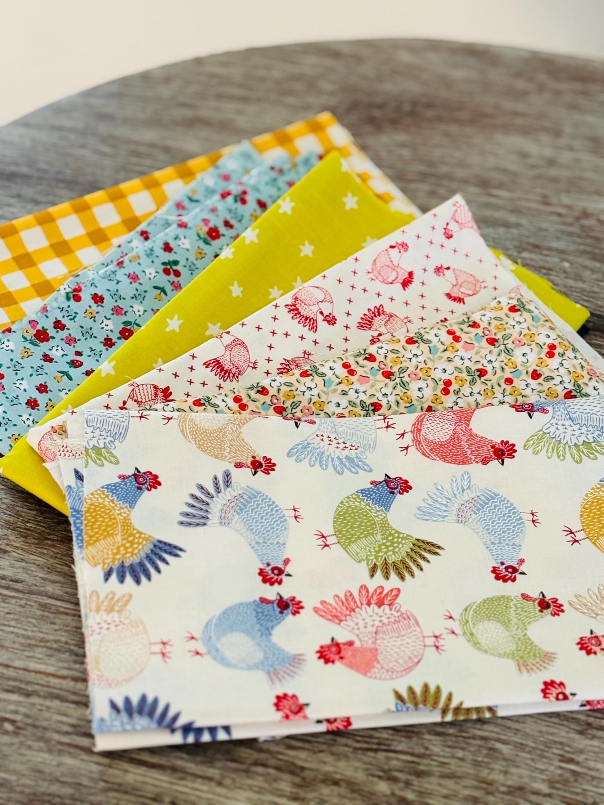 Spring chickens - 6 fat quarter bundle - plaid - starry - ruby Star - gingham henhouse