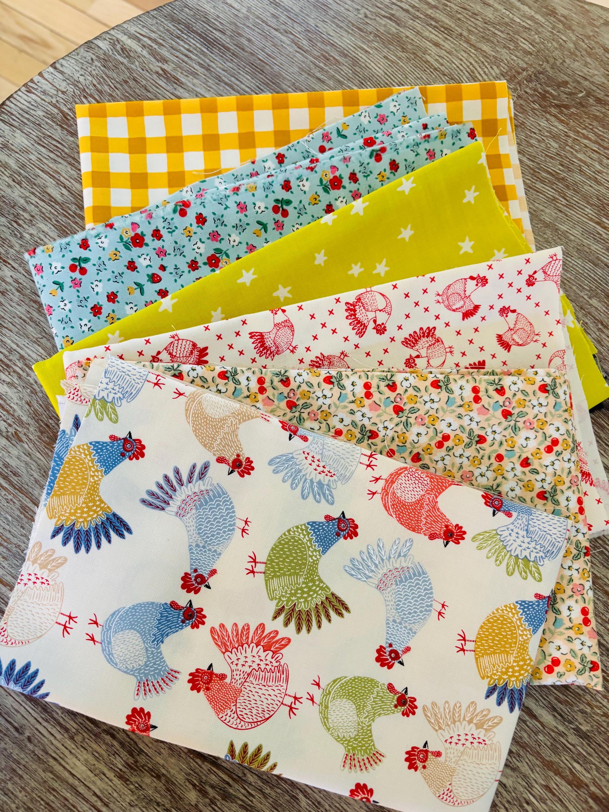 Spring chickens - 6 fat quarter bundle - plaid - starry - ruby Star - gingham henhouse
