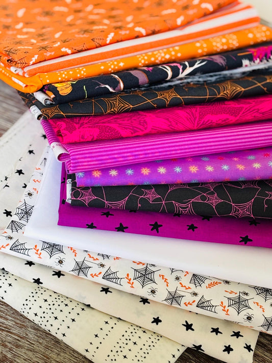 Eerie Essence - 14 fat quarter bundle - halloween blenders - orange - light mauve pink