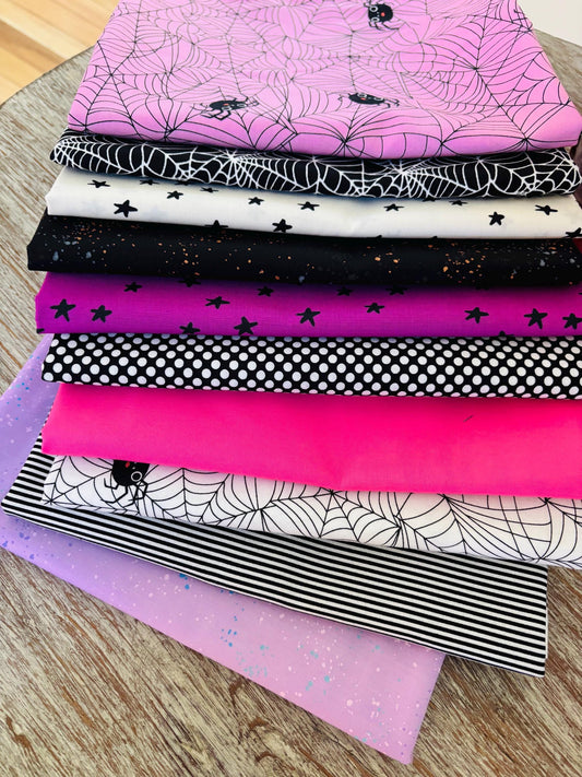 Cauldron chaos Halloween blenders - 10 fat quarter bundle - starry - ruby Star - speckled - pure solid - stripe