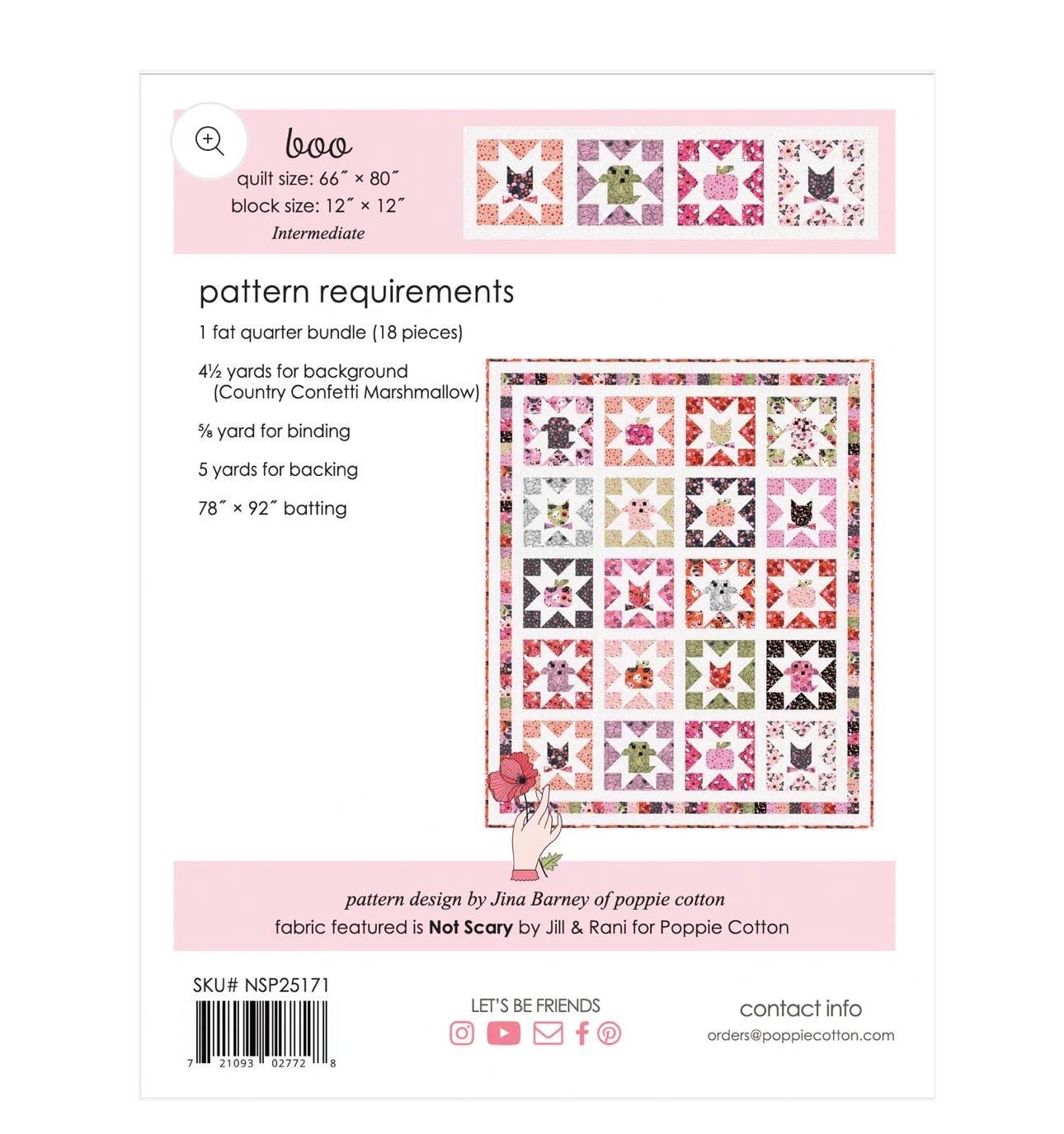 Poppie cotton Boo Quilt Paper Pattern not scary NSP25171 finished quilt size 66 " x 80 " block size 12" x12"