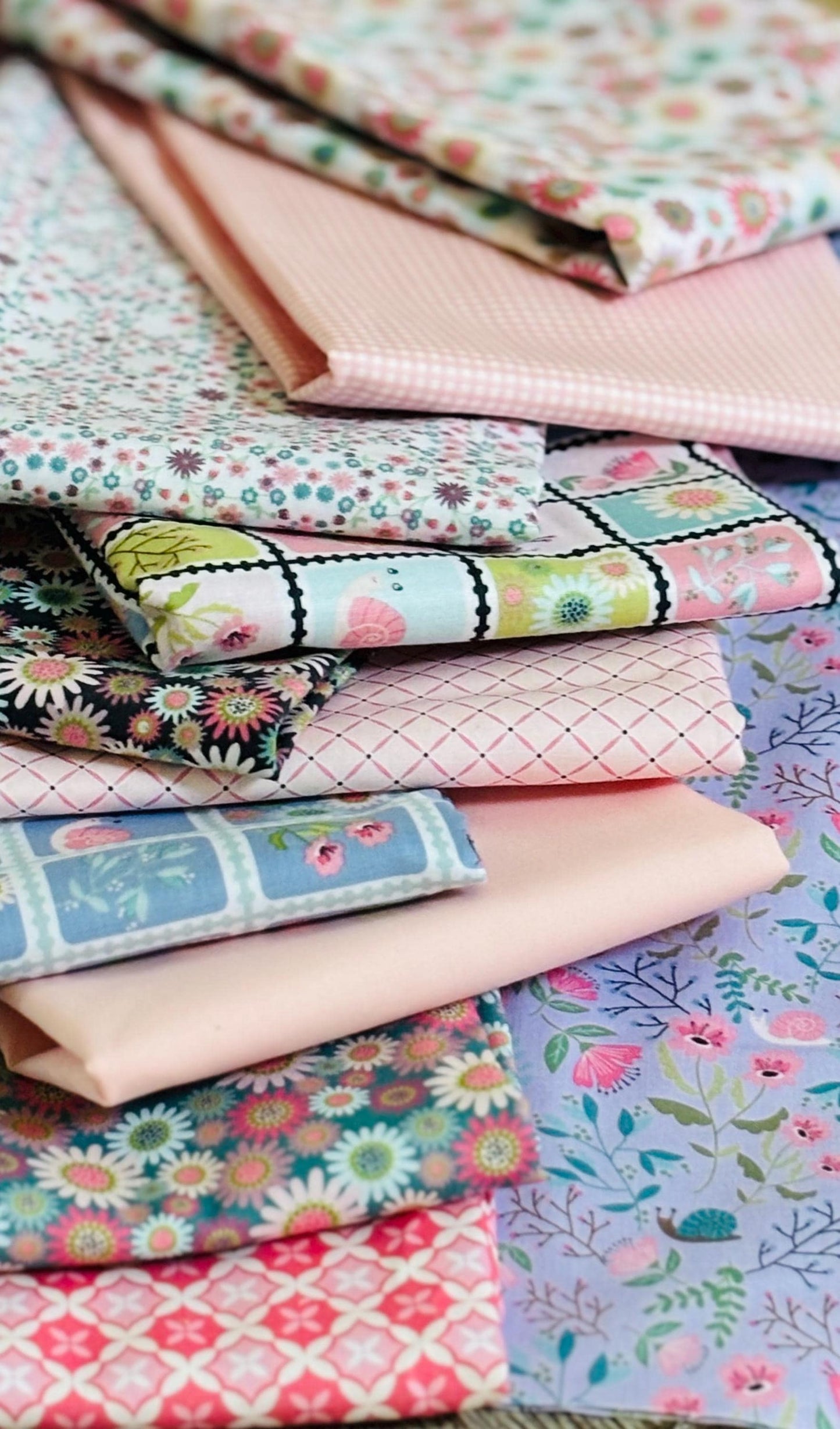 Best of Poppie le petit escargot - 11 fat quarter bundle - 9 le petit escargot prints + 2 blenders gingham and solid