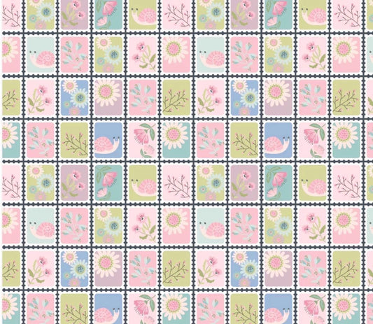 Poppie Cotton le petit escargot Designed by Lori Woods Blooms & Vines White