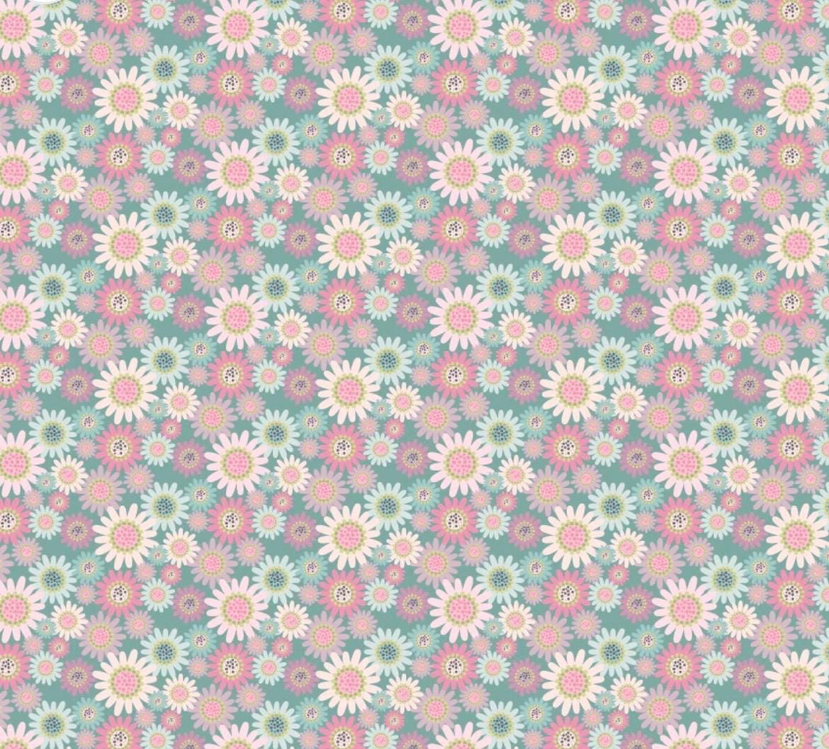 Poppie Cotton le petit escargot Designed by Lori Woods Sunny Daisies Teal
