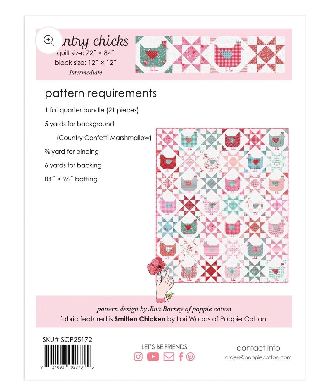 Poppie cotton country chicksPaper Pattern smitten chicken SCP251721 finished quilt size 72 " x 84 " block size 12" x12"