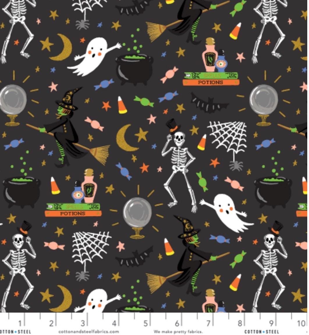 Halloween by Rifle Paper co Halloween Party - black Metallic Fabric - witch ghost trick or treat - C&S - in stock - shipping now