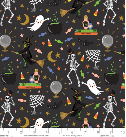 Halloween by Rifle Paper co Halloween Party - black Metallic Fabric - witch ghost trick or treat - C&S - in stock - shipping now