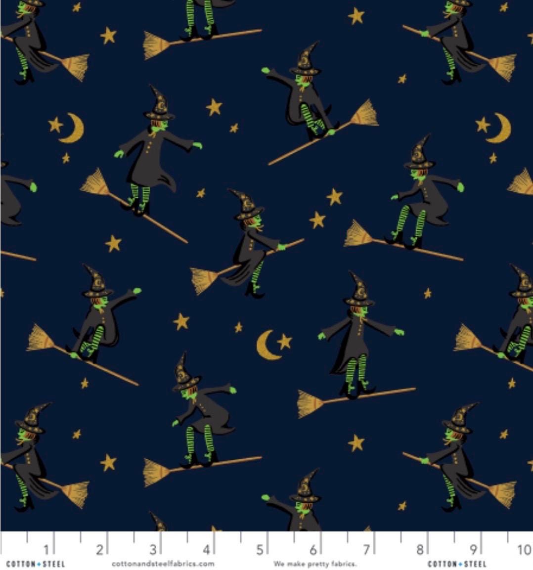 Halloween by Rifle Paper co wicked witches - navy Metallic Fabric - witch ghost trick or treat - C&S - in stock - shipping now