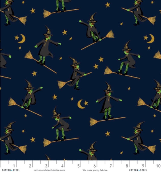 Halloween by Rifle Paper co wicked witches - navy Metallic Fabric - witch ghost trick or treat - C&S - in stock - shipping now
