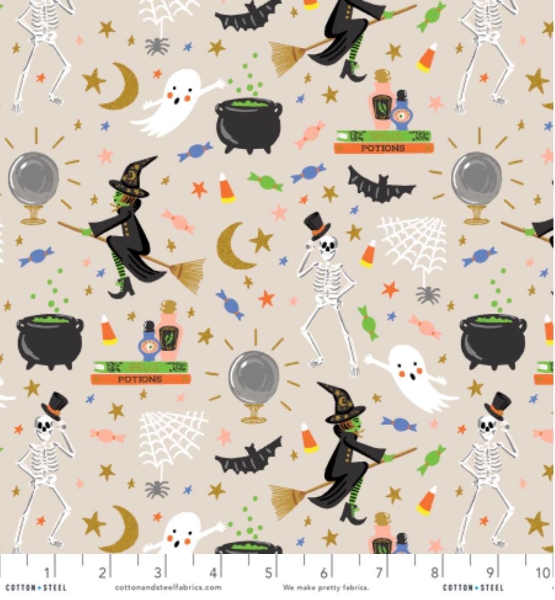 Halloween by Rifle Paper co Halloween Party - Cream linen Metallic Fabric - witch ghost trick or treat - C&S - in stock - shipping now